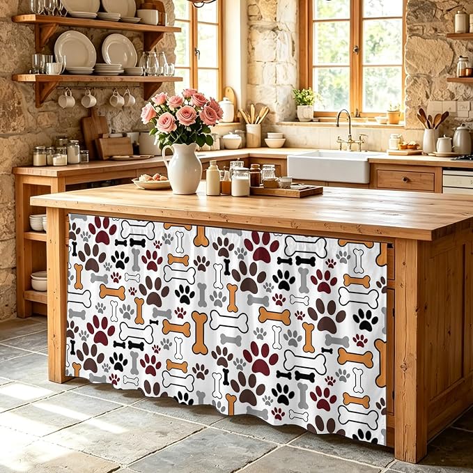 Dog Claws Cabinet Curtains 28"x51" Sink Skirt for Bathroom Kitchen, Pet Cat Cartoon Cute Animal Bone Pawprints Self Stick Adhesive Under Desk Covers Tall Laundry Cabinet Storage Organizer