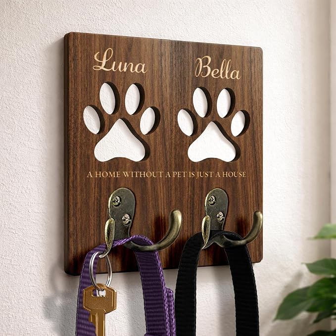Personalized 2 Pack Dog Leash Holder for Wall Mount, Custom Name Paw Print Wooden Hook, Dog Collar and Harness Organizer, Key and Leash Holder for Entryway, Gift for Dog Lovers