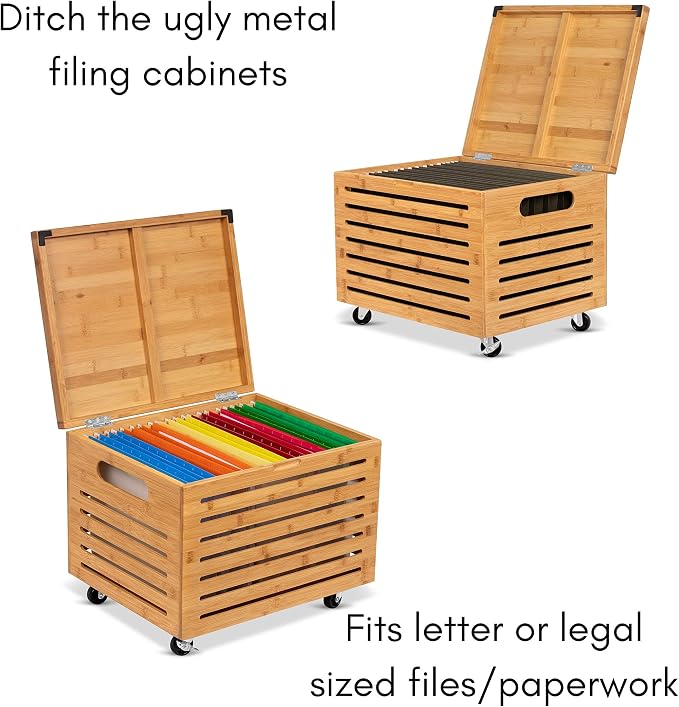 BIRDROCK HOME Rolling File Storage Organizer Box with Lid - Bamboo Decorative Wood Hanging File Box for Letter/Legal Documents, Binders, Blankets - Durable Office Organizer - Natural