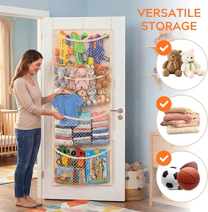 Wide Over The Door Stuffed Animal Storage, Cotton Toy Organizer for Plush Toys, Baby Supplies, Stuffed Animal Holder with 4 Large Pockets, Hanging Door Organizer for Nursery, Bedroom, Kids Room
