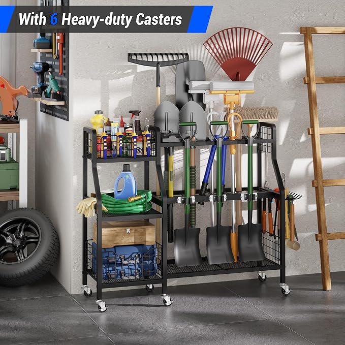 keomaisyto Heavy-Duty Garden Tool Organizer with 6 Wheels and 2 Baskets | 3 Lockable Casters, Large Metal Yard Tool organizer, Garage Tool Organization and Storage for Shed/Yard/Broom Closet/Lawn
