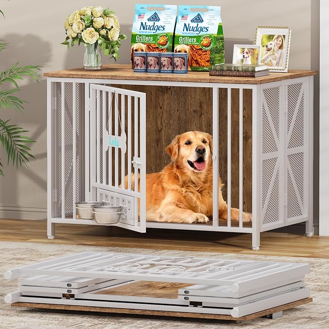 Easycom Foldable Large Dog Crate Furniture, 41.3" Assembly-Free Dog Crates for Large Dogs, Decorative Wooden Dog Kennel Indoor with Tag & Dog Bowls, Dog Cage Use as TV Stand, White & Beech | Foldable Large Dog Crate Furniture for Large Dogs, Wooden Dog...
