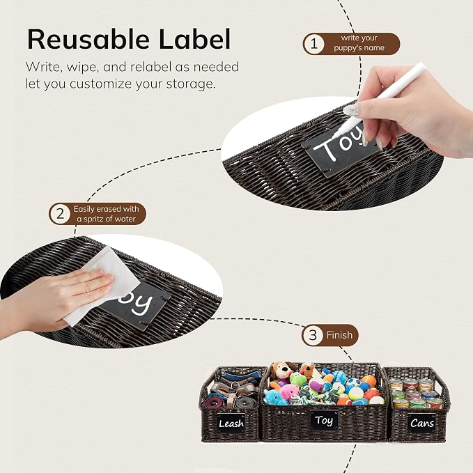 BROWNLILY Storage Box Set of 3, Black | Aesthetic Wicker Pet Storage Baskets with Chalkboard Labels - Low-Front Rattan Bins for Dog, Treats & Leash Organizer
