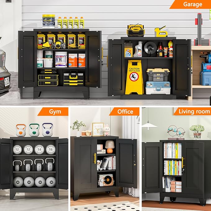 Small Metal Storage Cabinet, Lockable Tool Cabinet with Doors and 2 Shelves | 2 Adjustable Shelves, Locking Doors, Magnetic Closure, Adjustable Feet, Compact 27.6-Inch Width, Cold-Rolled Steel