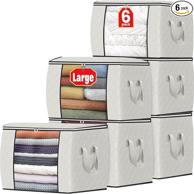 90L Clothes Storage, Foldable Thick Fabric Blanket Storage Bags | Foldable Containers with Zippers,Window and Handles for Organizing Bedroom, Closet, Comforter, Bedding,Dorm essentials
