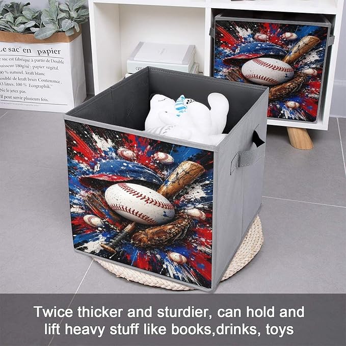 Baseball Bat Ball Glove Hat Storage Bin with Handles, Oxford Fabric Foldable Storage Cube Organizer for Clothes, Towels, Bedroom, Living Room, Home Organization