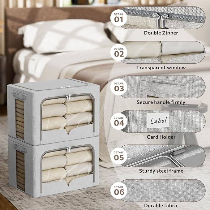 FHSQX 3 Pack Clothes Storage Bins with Metal Frame-36L | 15.7x11.8x11.8inch,Portable, Large Clear Window, Stackable, Durable Handles, Foldable, Linen Fabric