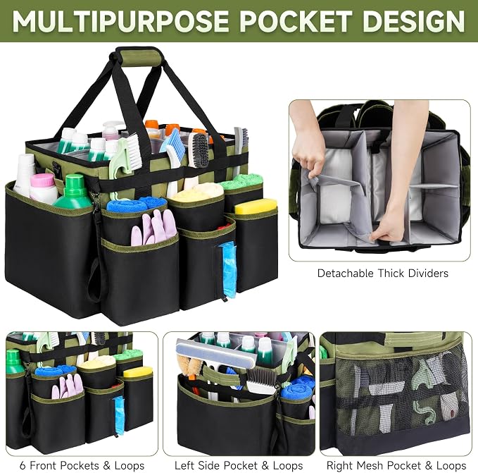 Large Rolling Cleaning Caddy Bag with Detachable Trolley,Cleaning Cart on Wheels with Shoulder Strap,Cleaning Supplies Organizer for Housekeepers,Green