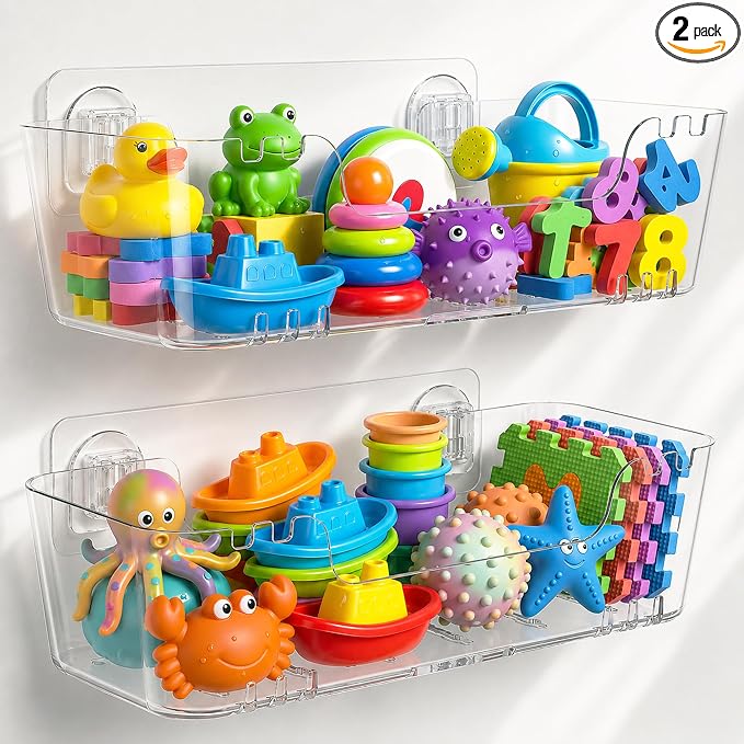 Bath Toy Storage Organizer, 2 Pack Bath Toy Holder with Drain Holes | Quick Dry Toy Shower Caddy, Mold-Resistant Wall Mount No Drill, Large Plastic Bath Toy Organizer with Drain Holes, Easy-Clean