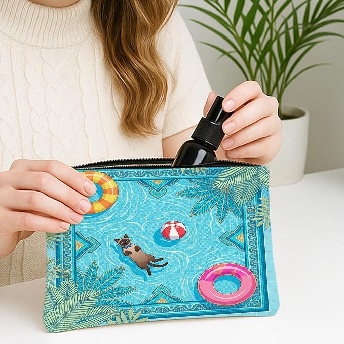 Siamese Cats Makeup Bag, Cute Pool Lifebuoys Tropical Cosmetic Travel Pouch for Women Girls, Portable Small Canvas Zipper Organizer, Pet Toiletry Bag 7x9 Inch