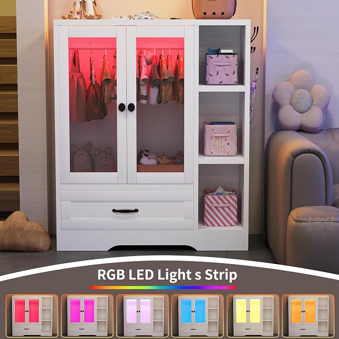 Pet Wardrobe Cabinet, Dog Clothes Closet with RGB LED, Acrylic Door & Drawer, MDF Wooden Storage Organizer for Cat Dog, White