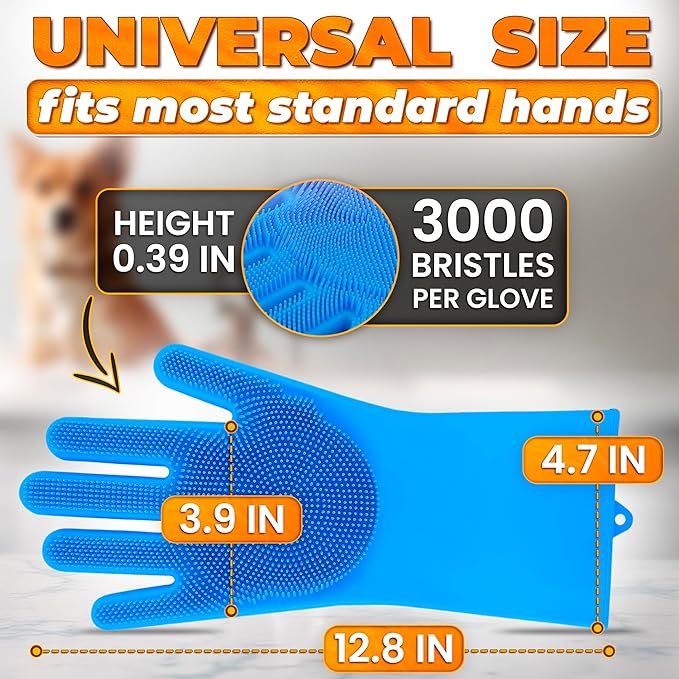 Cat & Dog Shampoo Gloves with 3000 Soft Bristles | 2-in-1 Dog Bath Gloves for Massage, Grooming & Clean Wet or Dry
