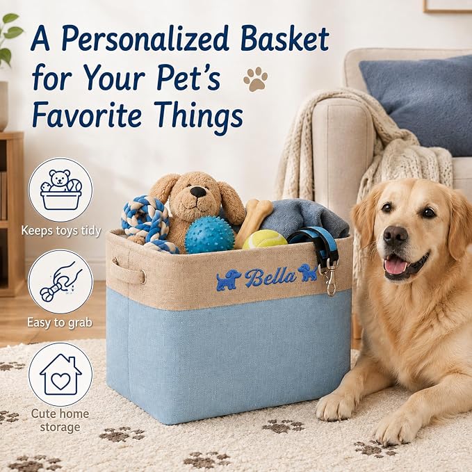 Personalized Dog Toy Storage Basket Bin with Embroidered Name | Customize a pet name and mirrored pet icons on a foldable fabric organizer for toys, leashes, blankets and pet supplies