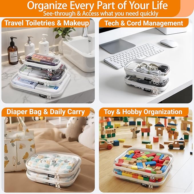 YQBRAO Clear Hard Shell Organizer Set, 2-Pack, White | Two medium rigid PET organizers for beauty, travel, office supplies and everyday organization