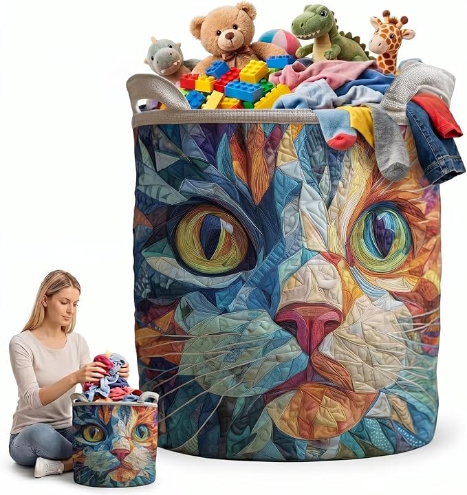 Colorful Cat Laundry Basket Quilted Mosaic Style Clothes Hamper Artistic Kitten Canvas Toy Storage Bin Round Blanket Organizer Bag(14"x 18")