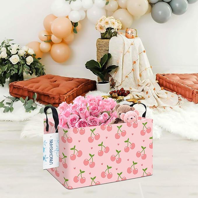 Rectangular Collapsible Pink Cherry Storage Basket Nursery Toy Organizer | Storage Bin Foldable Canvas with Handles for Organizing Home Kitchen Children Toys Office Closet Shelf Baskets