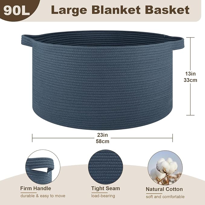 OIAHOMY 90L Extra Large Blanket Basket - Decorative Cotton Rope Storage Basket for Bedroom, Living Room & Nursery - Woven Laundry Hamper for Organizing Blankets, Clothes & Toys - Blue