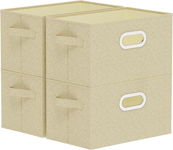 Storage Bins with Metal Grips,Grey and Beige,15x9.8x9.8in,4 Pack | Fabric Storage Baskets with Soft Cloth Handles,Thick PP Panel Wardrobe Containers,Wipeable Open Boxes for Closet Shelves