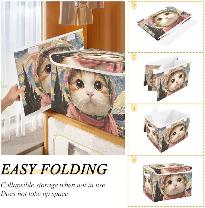 Cat Pet Storage Bins with Lids Closet Bedroom 40L Storage Basket | Decorative Storage Boxes, Foldable & Stackable, Dust-Proof Flip Top, Reinforced Handles, For Home & Dorm, Clothes & Toy Box