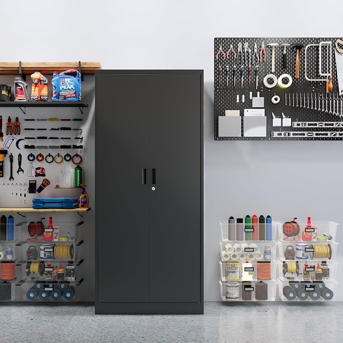 CJF 71" H Metal Storage Cabinet, Locking Cabinet with 2 Doors and 5 Adjustable Shelves, Black Tall Cabinet for Garage, Home, Office, Pantry, Workshop, School