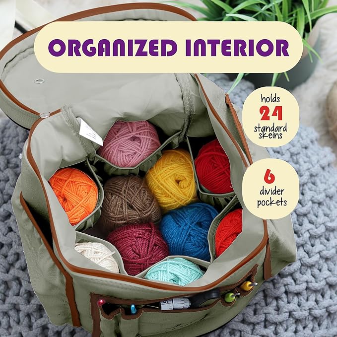 Hearth & Harbor Crochet Bag Organizer – Durable Knitting Bag, Yarn Organizer for Accessories and Supplies, Canvas Yarn Holder, Crochet Carrying Case with Accessories Pouch, Storage Organizer – Green