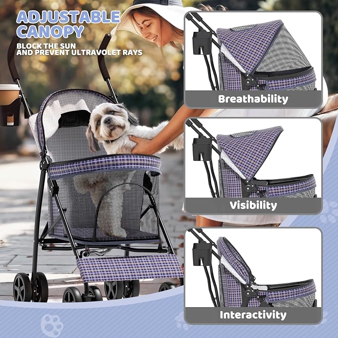 Magshion Compact Fold Pet Travel Stroller for Small Dogs Cats, Plaid | Up to 22lbs, 4-Wheel Lightweight Umbrella Shaped Design, Safety Tethers, Breathable Mesh, Cup Holder & Rear Storage