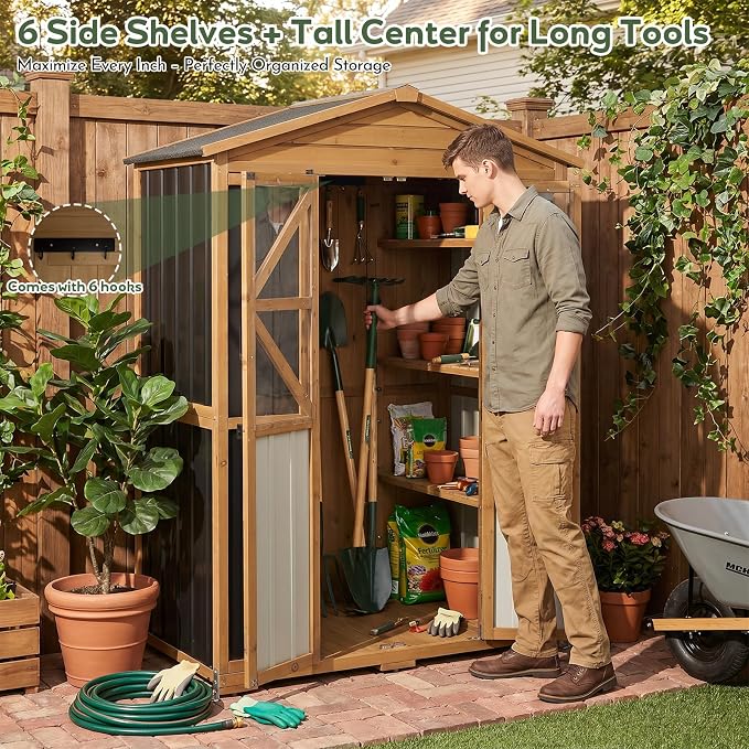 Extra Large Outdoor Storage Cabinet Weatherproof, Garden Shed with Shelves | Waterproof Asphalt Roof, 6 Adjustable Shelves & Anti-Tip Wall Brackets, Lockable Doors, 6 Hooks, for Garden, Garage, Patio