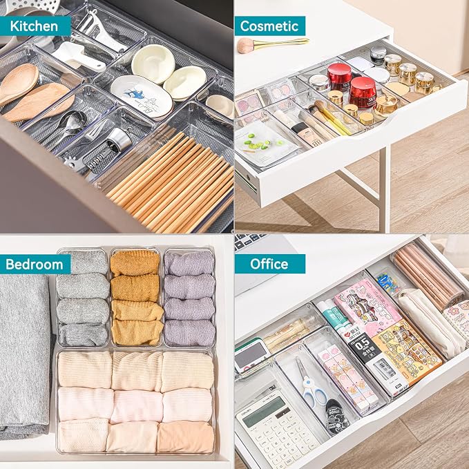 Voova Clear Plastic Drawer Organizer Trays, 8 Pack | Three tray sizes create custom storage for kitchen utensils, cosmetics, office supplies, bathroom items and more