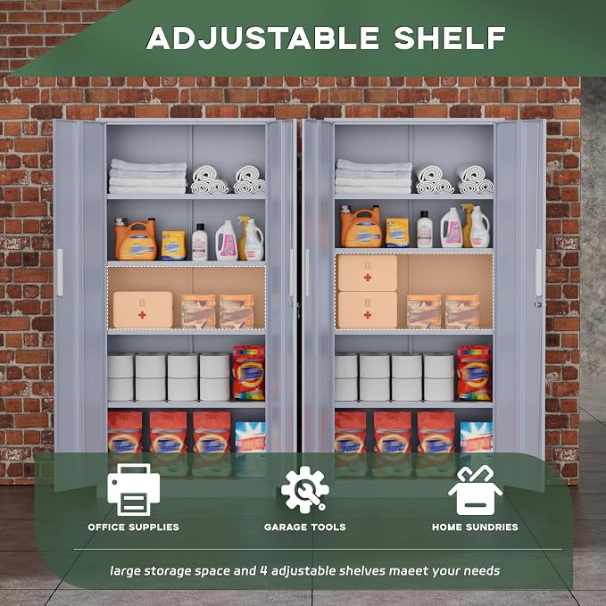 Greenvelly Metal Storage Cabinet,72" Locking Metal Garage Storage Cabinet with Doors and 4 Adjustable Shelves, Lockable Steel Cabinet for Home Office, Garage, Shop, School (Dark Grey 32" W x 16" D)