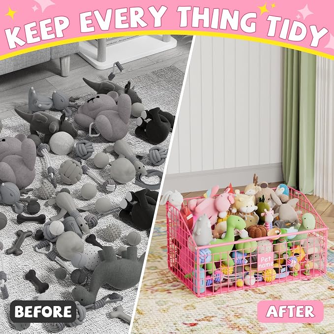 Kaiferty Indestructible Dog Toy basket, Large Toy Bin for Dogs,Pet Toy Bin Dog Metal Basket Organizer Storage for Toys Food Storage (Pink)