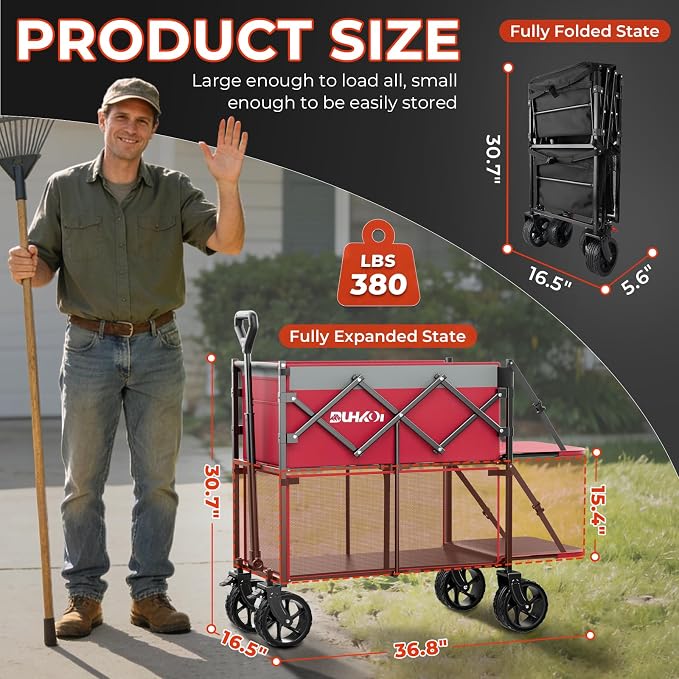 Double Decker Collapsible Wagon with Brakes,Compact with Tailgate | Big All-Terrain Wheels , 2-Tier for Camping Gear, Sports, Groceries, Shopping, Garden & Outdoor Use