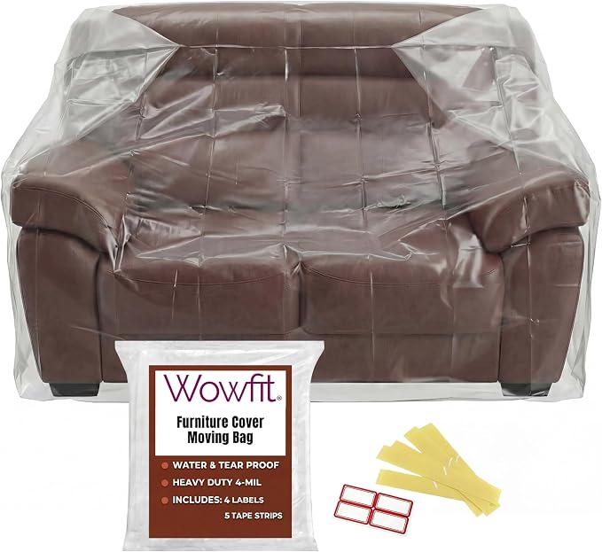 Wowfit 4mil Furniture Cover for Moving, Couch Storage Bag, 68.1Wx42Dx62/41H | With Tape Strips & Labels, Clear, Heavy Duty, Waterproof, Dustproof, Loveseat/Recliner, Sectional Piece, Garage, Outdoor