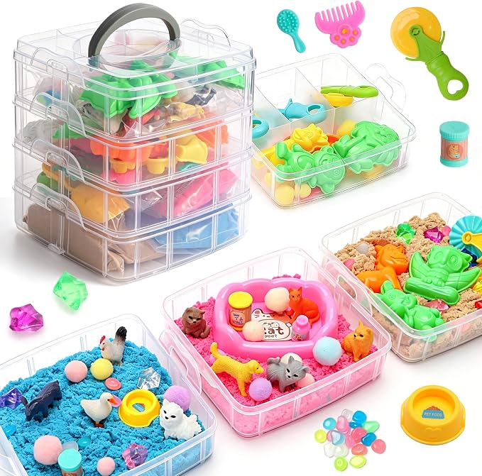 Farm & Pet Sensory Bin, Stackable Sandbox for Toddlers, Kids Play Sand Toys with Sensory Sand, Farm Figures & Pet Accessories, Birthday Gift for Girls Boys 3 4 5 6 Years Old