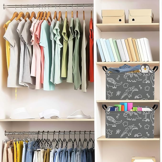 Rectangular Fabric Storage Bin, Foldable Line Dinosaur print Basket | Damp-proof canvas with reinforced stitched handles.Great for clothes,books and sundries in closets,playrooms,laundry rooms.
