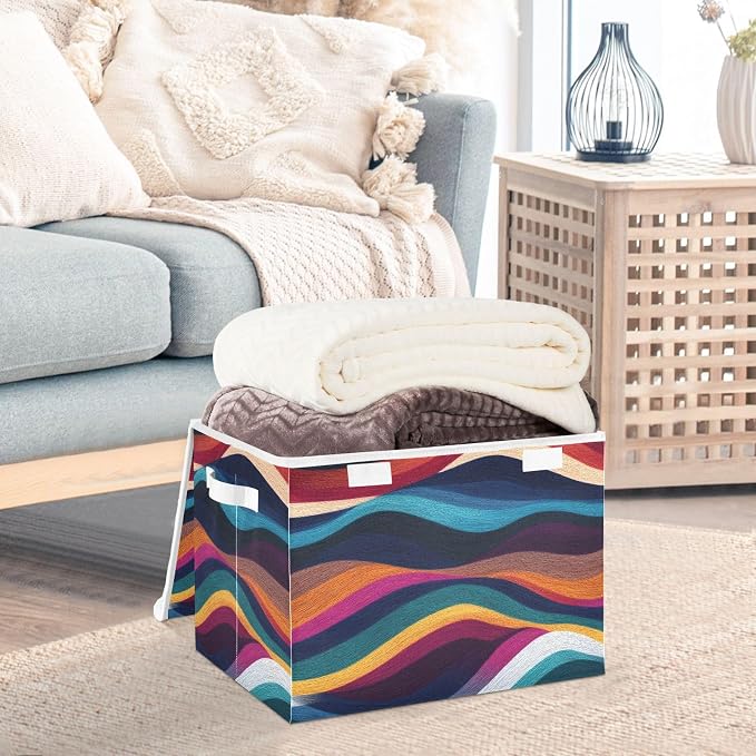 Color Boho Wave Storage Bins with Lids Closet Bedroom 40L Storage Basket | Decorative Storage Boxes, Foldable & Stackable, Dust-Proof Flip Top, Reinforced Handles, For Home & Dorm, Clothes & Toy Box