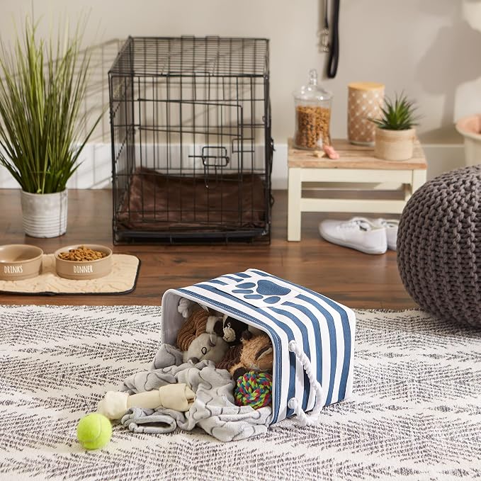Bone Dry Pet Storage Collection Striped Paw Patch Bin, Small Rectangle, Navy
