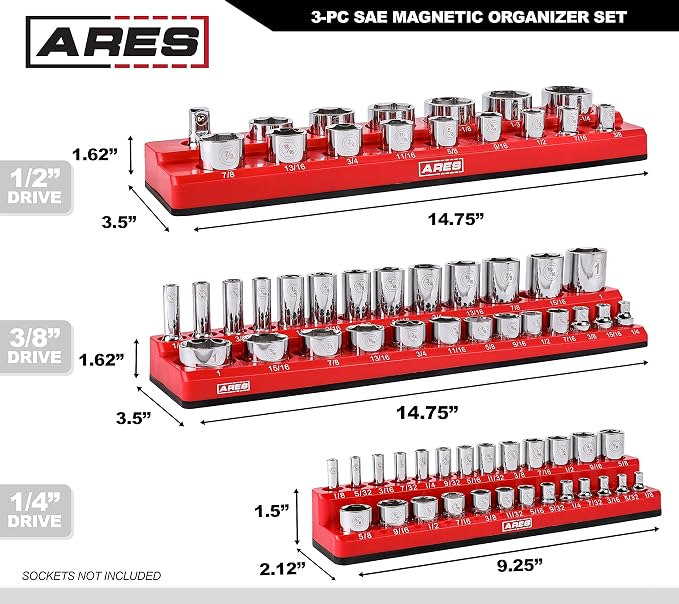 ARES 60035 3-Pc 1/4,3/8,1/2-In Red/Green SAE Magnetic Socket Organizer | Part No. 60035; RED -Includes 1/4 in, 3/8 in, 1/2 in Socket Holders