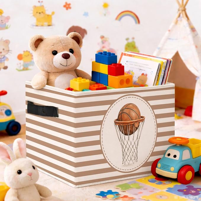 Basketball Storage Bin, Foldable Fabric Organizer Basket | Basketball storage bin with striped background, hoop artwork, foldable fabric design and side handles.