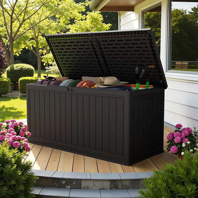 Devoko HDPE 260 Gallon Deck Box Double-Wall with Divider | Large Outdoor Storage Box Side Handles, Waterproof and Lockable for Patio Furniture, Garden, Pool