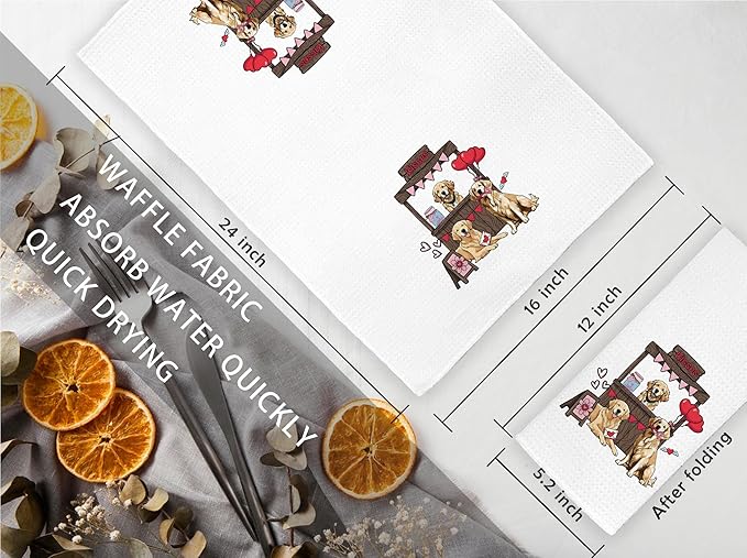 Jvpke Golden Retriever Valentines Day Gifts for Her Him Kids, Golden Retriever Kisses Valentines Day Decoration Hand Towel for Kitchen Bathroom, 16x24 in