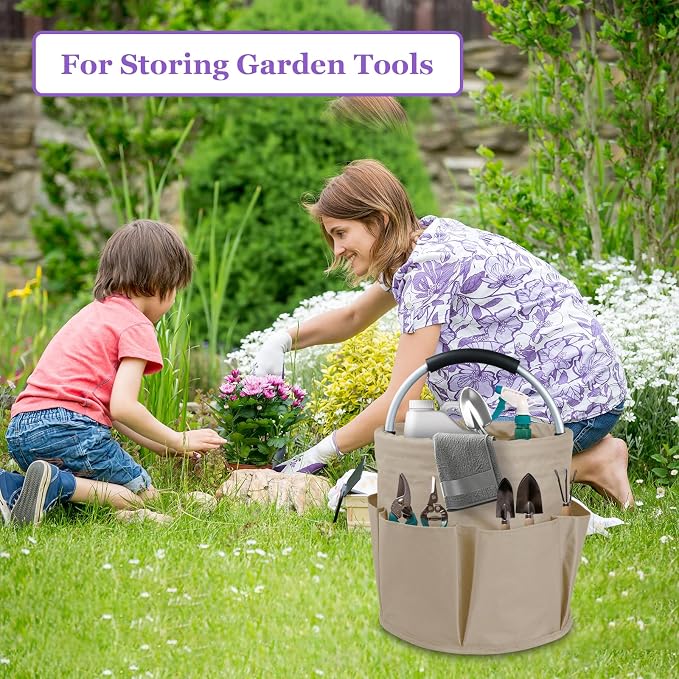 17L Cleaning Supply Caddy with Soft Handle, Portable Shower Caddy in 600D Oxford Fabric, Garden Tool Organizer Bag, Multifunctional Storage Basket for Bathroom, Garden, Khaki