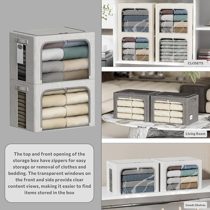 4 Pack Clothes Storage Bins with Metal Frame - 36L Stackable Storage Box with Lid，Foldable Storage Container Organizer for Clothes，Linen Fabric Storage Box with Clear Window＆Zippers＆Handles
