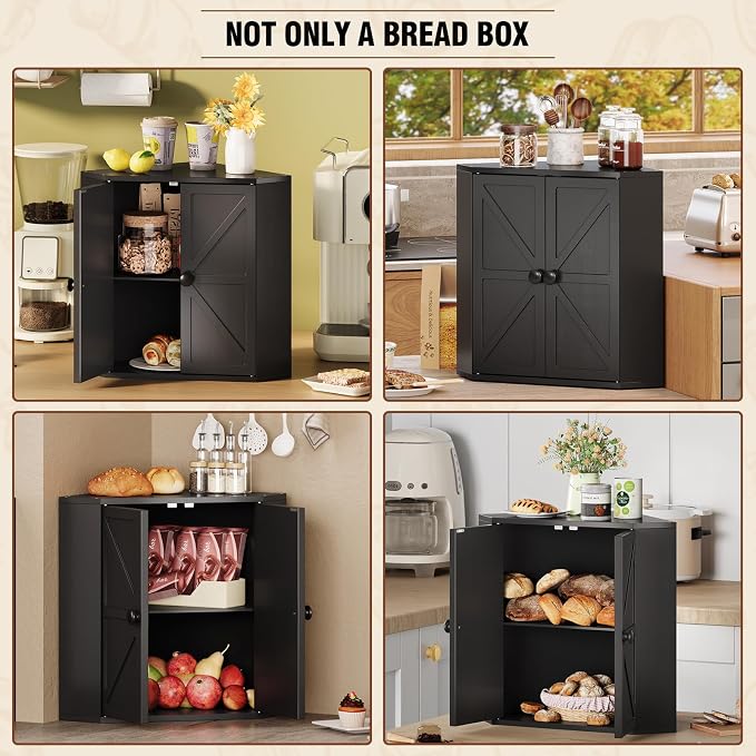 Trironsun Corner Bread Box for Kitchen Counter Double Layer Bamboo Bread Storage Container Large Capacity Bread Storage Bin Farmhouse Breadbox Organizer (Black)