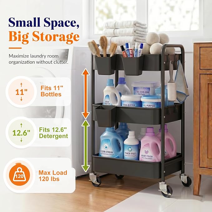 3 Tier Rolling Cart Metal with Wheels, Black Three Tiered Art Cart Organizer on Wheels, Storage Utility Trolley Carts for Kithcen, Craft, Nail, Lash, Makeup, Salon,Bedside, Bathroom, Office, Snack