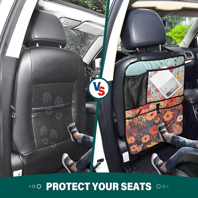 2 Pack Back Seat Car Organizer with Storage Pockets Kick Mats Back Seat Protector Hanging Car Organizer Automotive Seat Back Cover Organizers Autumn Poppy Flowers