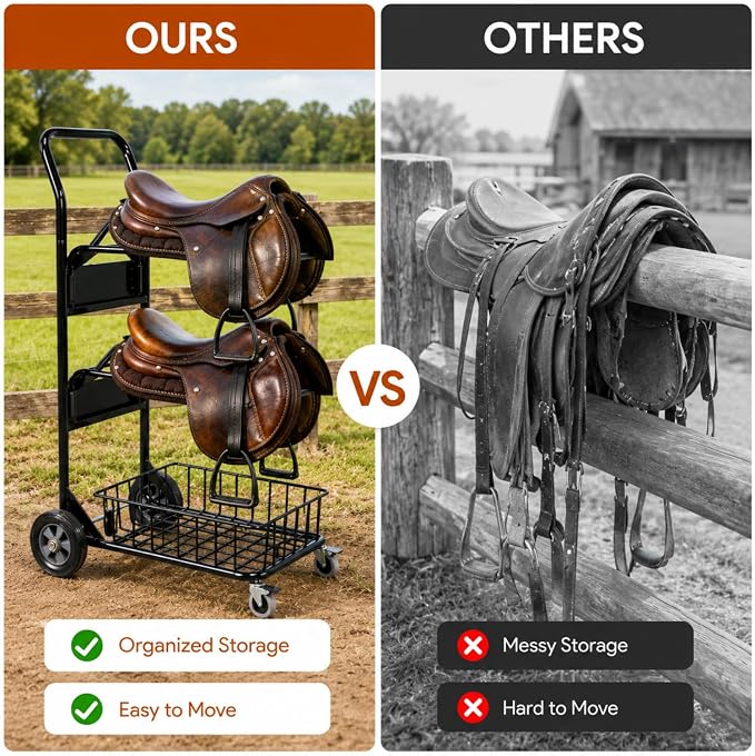 Rolling Saddle Rack Cart with Basket, 220 Lbs, 32.3*16.9*49.8 inch | Horse Tack Dolly Saddle Stand for Western & English Saddles, Heavy Duty Saddle Stand for Tack Room, Bridle, Horse Lovers