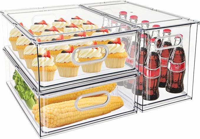 Mano 3PackFridge Drawer Pull Out Stackable Bins with Handle Clear Refrigerator Drawers Organizer Food Storage Container Box with Dividers Plastic Produce Saver for Pantry, Cabinet, Kitchen（2L+1XL）