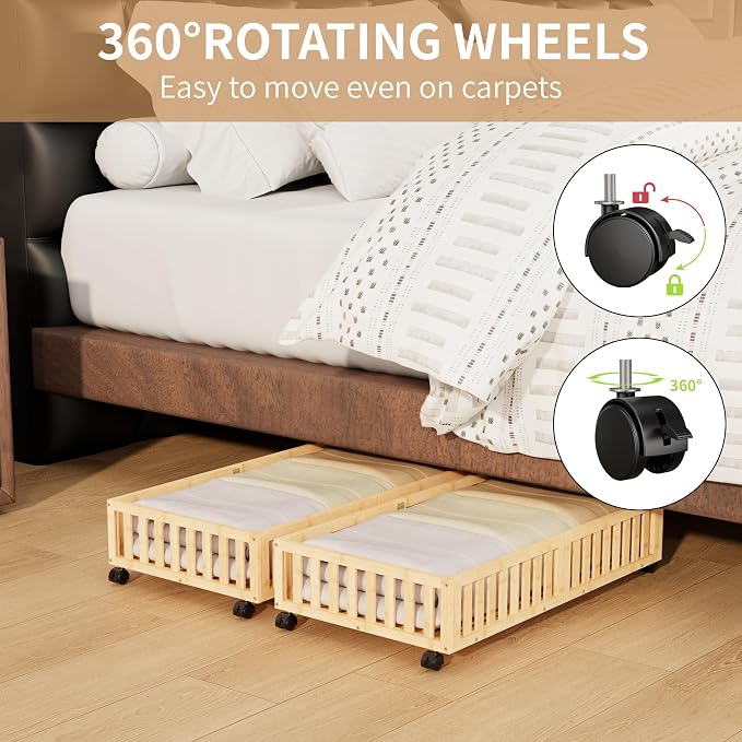 Under Bed Storage with Wheels, 2 Pcs Bamboo Drawers for Clothes and Toy | 360° wheels glide smoothly. Sturdy bamboo frames hold clothes, shoes, bedding and toys. Easy pullout access keeps rooms tidy