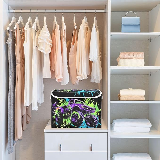 Fabric Storage Bins with Lid Monster Truck Closet Storage Basket 40L | Decorative Storage Boxes, 300D Oxford Cloth, Hollow Board Frame, Flip Top Velcro Lid, 16.5x12.6x11.8 inch, Collapsible Design