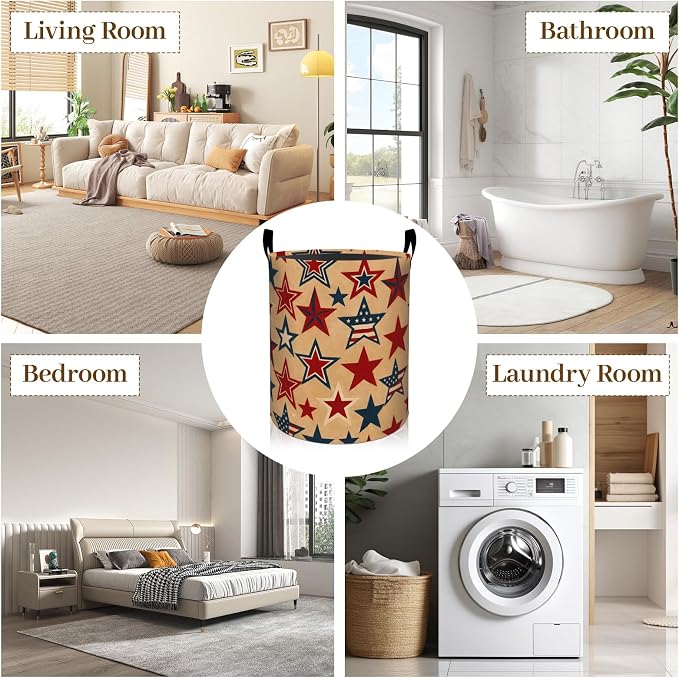 Patriotic Star Laundry Basket, Vintage Stars Foldable Oxford Cloth, Waterproof Dirty Clothes Hamper with Handles, Clothing Storage Bin Toy Organizer for Bedroom Dorm Bathroom, 19.7"x15.7"